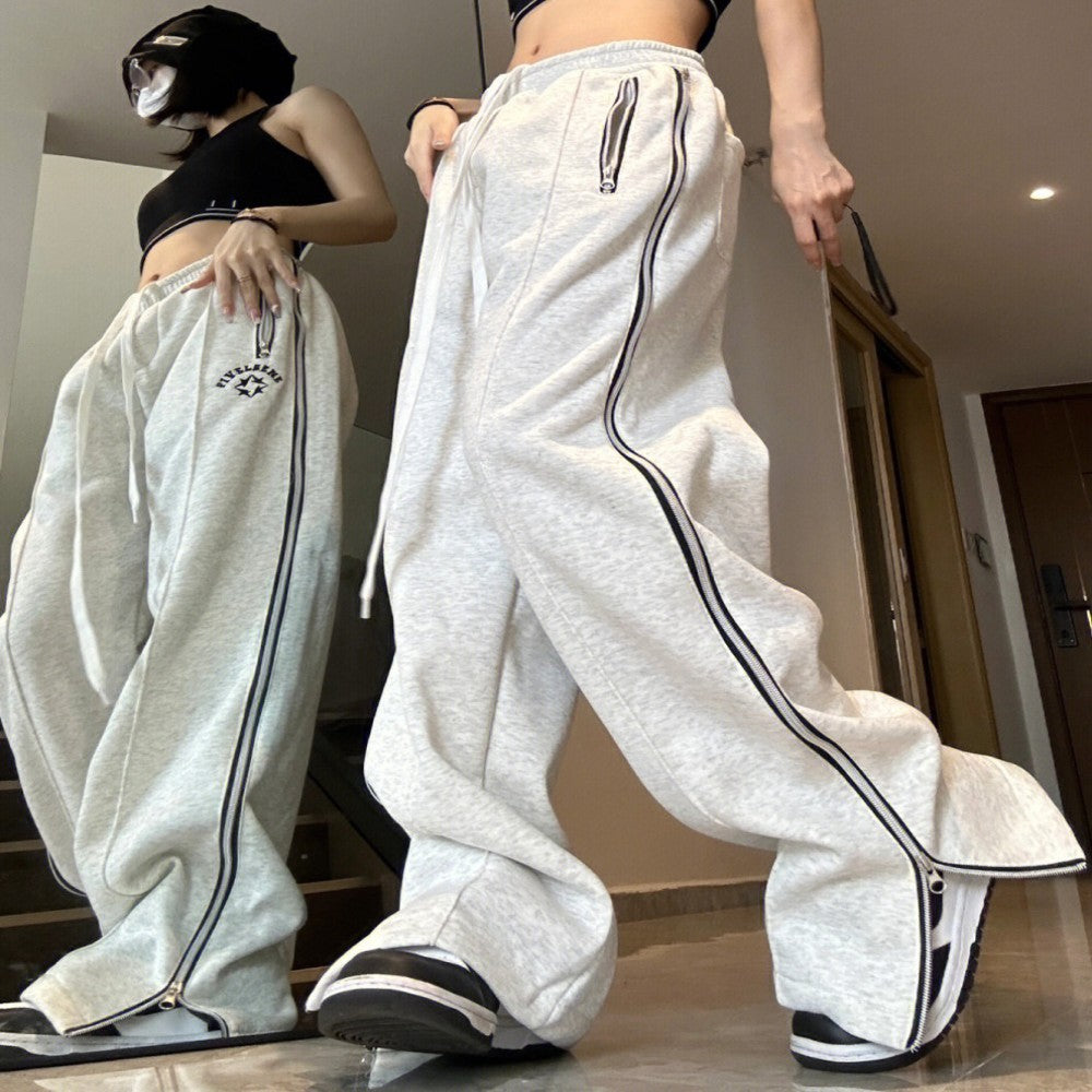 Side Zip Up Stretchy Waist Loose Sweatpants