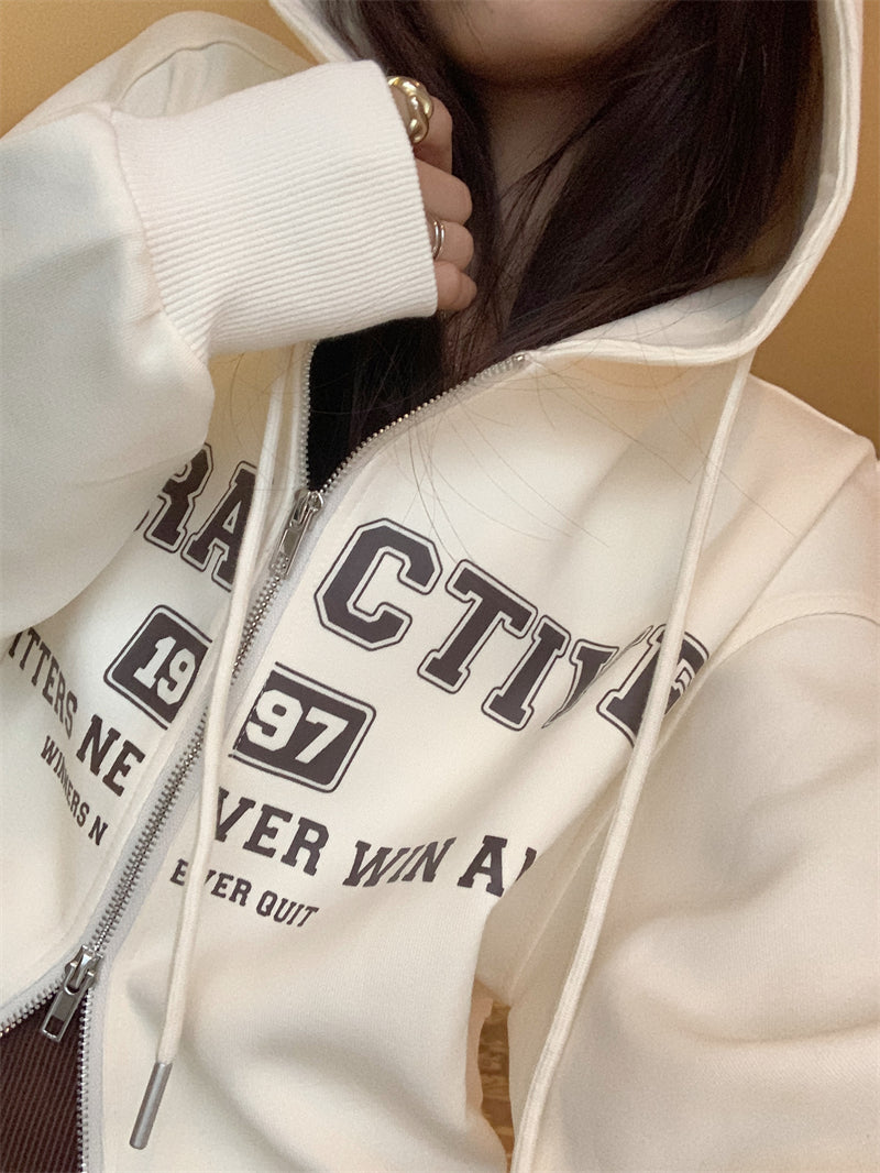 Vintage Letter Printed Zip Up Hoodie