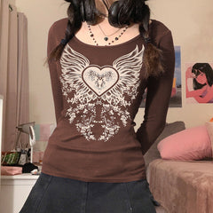 Grunge Heart Wings Print Shirt