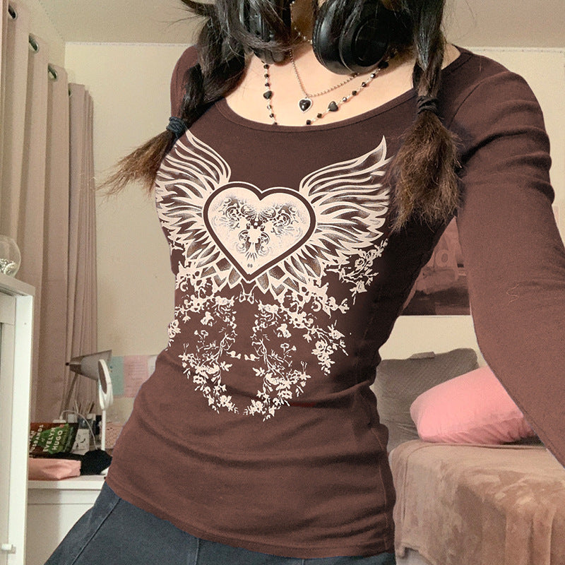 Grunge Heart Wings Print Shirt